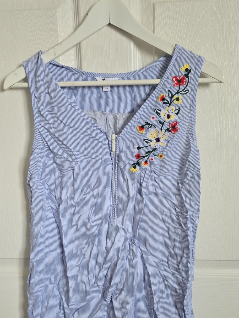 Blue Pinstripe V-Neck Tank with Floral Embroidery - NURSING FRIENDLY
